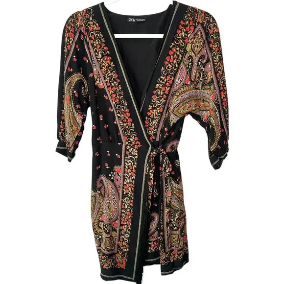 Zara Black Paisley Half-Wrap Festival Dress w/ Fringe Small - Picture 2 of 10
